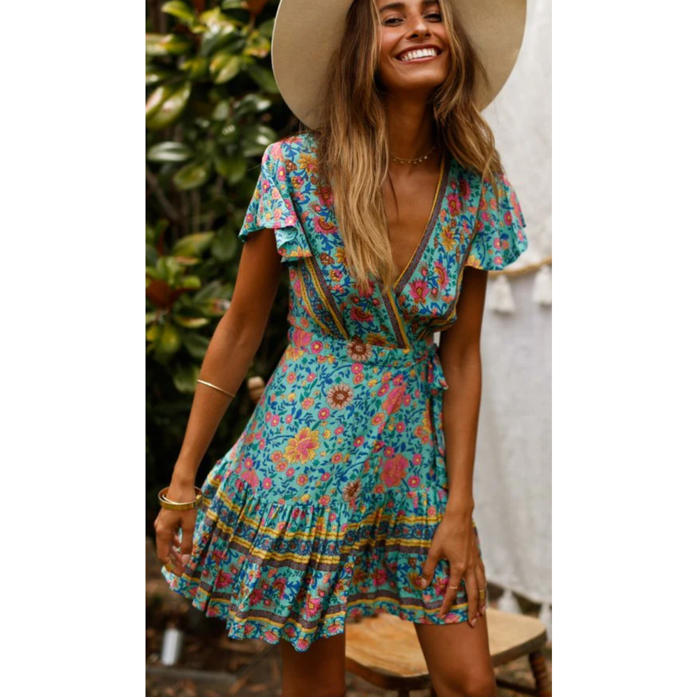 L'ATISTE blue floral true wrap dress Size Sm Boho Hippie Romantic Cottage
